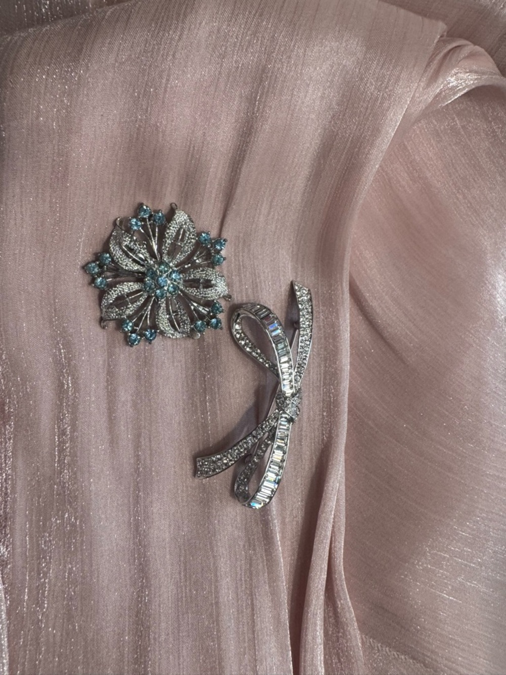 Silver Floral and Bow Brooch Set with Light Blue Crystals